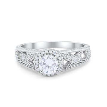 Halo Art Deco Engagement Ring Bridal Simulated CZ 925 Sterling Silver